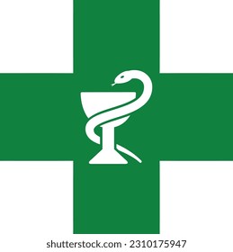 Vector graphic of green cross with bowl of Hygieia, the Europe-wide symbol used on a pharmacy