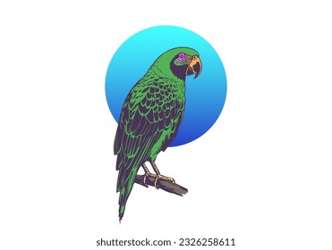 Vector graphic green parrot with a blue circle on a white isolated background. Jungle bird.