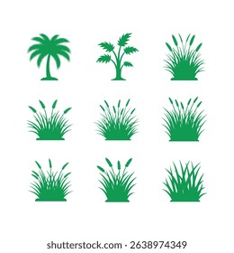 Vector graphic of green plant silhouettes including trees and various grasses elements