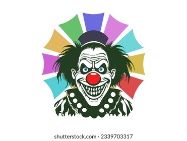 Vector graphic green scary smiling toothy sinister clown with red nose and hat. Circus freak. Sticker or icon. White isolated background.