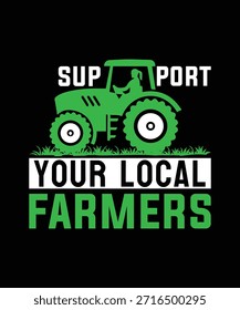 Vector graphic of a green tractor on black background supporting local farmers