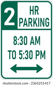 Vector graphic of a green usa Two Hour parking between times MUTCD highway sign. It consists of the wording 2 hour Parking and restricted times contained in a white rectangle