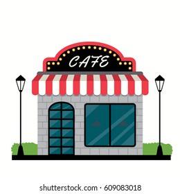 Vector Graphic of the grey brick cafe with the retro light bulbs facade and the signage as Cafe located next to the green bushes and the light poles