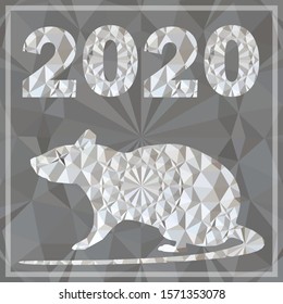 Vector graphic grey greeting card illustration framed with a silver 2020 writing and a new year symbol of a geometrically shaped rat viewed from the side with a four pointed star in his eye
