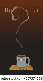 Vector graphic of grey teacup with teal and warm yellow dots and steam on a dark, moody brown to black gradient background. Perfect for tea house ads, wall art, social media, marketing materials.