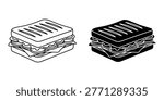Vector graphic of grilled ciabatta sandwich in stroke and solid versions for food service marketing and menu layout design featuring isometric perspective of fresh panini on white background.