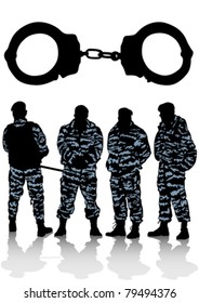 Vector graphic group of special police forces and handcuffs