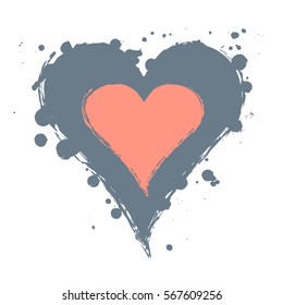 Vector graphic grunge illustration of heart sign with ink blot, brush strokes, drops isolated on the white background. Series of artistic illustration with splash, blots and brush strokes.