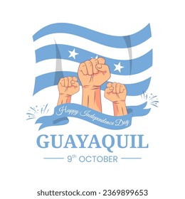 Gráfico vectorial del Día de la Independencia de Guayaquil para tarjeta de saludo con puño apretado, fuegos artificiales y cinta adhesiva