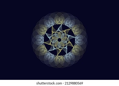Vector graphic of Guilloche pattern on dark blue background. Rosette (line elements) for money design. Good for certificate, wedding invitations, banknote, money design, currency.
