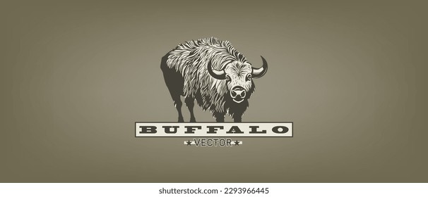 Vector graphic hairy wild horned powerful buffalo. Logo, sticker or emblem. Artiodactyl herbivore animal.