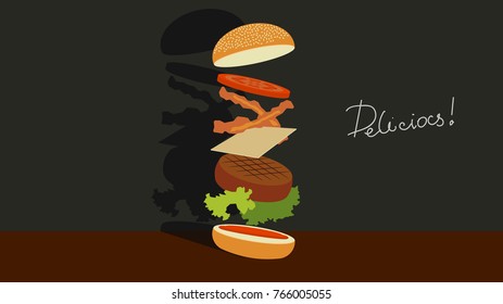 Vector graphic of Hamburger ingredients falling on the table with word delicious in black board wall.