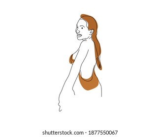 Vector graphic of hand drawn beauty body line art. Woman in Swimsuit. Vintage art deco hand drawn simple illustration. Suits for posters, tattoos, printing, postcard or brochure cover design.

