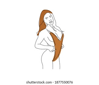 Vektorgrafik von handgezeichneter Schönheitskörperlinie. Frau in Swimsuit. Vintage Art Deco handgezeichnet einfache Illustration. Anzüge für Poster, Tätowierungen, Druck, Postkarten oder Broschüren.
