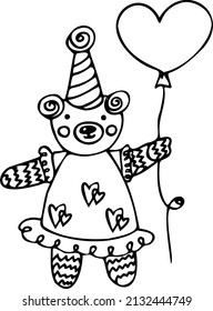 Vector graphic  hand drawn  black and white illustration with teddy bear. The idea for a coloring book for kids, printing on brochures, textiles, dishes, notebooks.