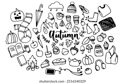 Vector graphic hand drawn doodle autumn set. Cozy hygge autumn doodle sketch element for design and printing