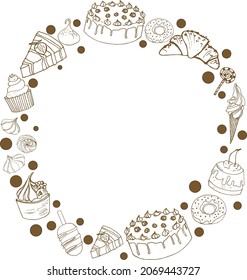 Vector graphic hand drawn frame of sweets, buns, cakes arranged in a circle on a transparent background. Can be used to create logos, as an illustration for printing. 