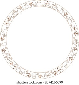 Marco gráfico vectorial de hojas de té, teteras vintage, cuñas de limón dispuestas en un círculo sobre un fondo transparente. Se puede utilizar para crear logotipos, como ilustración para imprimir. 