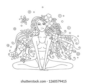 Vector graphic hand drawn illustration of young beautiful girl with long hair with flowers, leaves, butterfly. Woman doing yoga in lotus position. Black and white picture for coloring, line drawing.