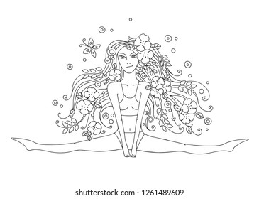 Vector graphic hand drawn illustration of young beautiful girl with long hair with flowers, leaves, butterfly. Woman sitting on string. Black and white picture for coloring, line drawing.