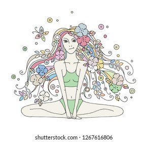 Vector graphic hand drawn illustration of young beautiful girl with long hair with flowers, leaves, butterfly. Woman doing yoga in lotus position, line drawing.