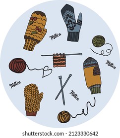 Ilustración gráfica vectorial dibujada a mano con mitones. Ilustración multicolor con mitones de punto, guantes, bola de hilos de punto, agujas de punto. Idea para el diseño de logotipo, fondo de pantalla.