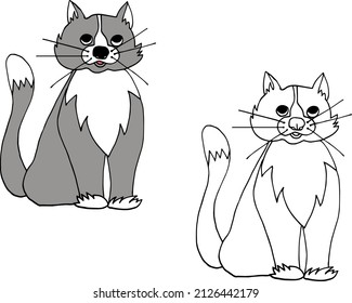 Vector graphic  hand drawn illustration of a cat in color and black and white.  The idea for a coloring book for kids, printing on brochures, textiles, dishes, notebooks