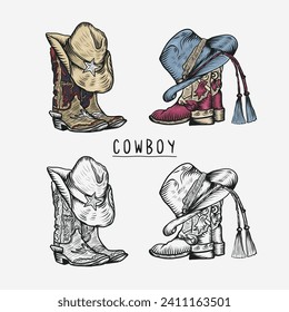 Vector graphic hand drawn illustration rodeo cowboy boots and hat isolated on white for print or design