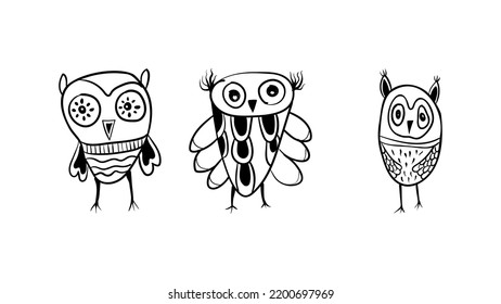 Vector graphic of Hand drawn owl set isolated on white background. Owl sketch black and white hand drawn image. Hand drawn sketch style illustration. Vector illustration eps10.
