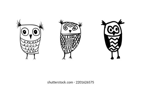 Vector graphic of Hand drawn owl set isolated on white background. Owl sketch black and white hand drawn image. Hand drawn sketch style illustration. Vector illustration eps10.
