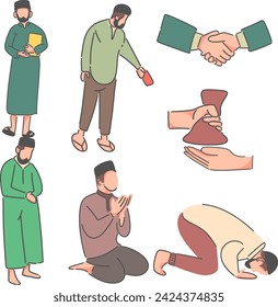 vector graphic of hand drawn pose package of people worshiping in the month of Ramadan, very suitable for your design mascot