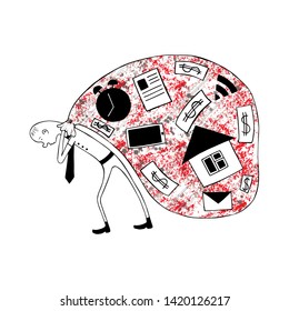 Vector graphic hand drawn Sarcastic, ironic, funny illustration of tired business man, symbol of fatigue, despair, unhappy, busy life. Demotivator, fun doodle sketch style, black white red colors. 