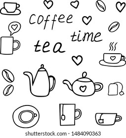 vector graphic hand drawn set of elements on theme of coffee and tea. Cup, saucer, teapot, coffee bean, tea bag, lettering, hearts. minimalistic cozy hugge Scandinavian style. black lines on  white