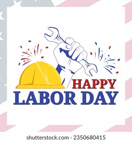 vector graphic of hand grabbing a wrench and helmet on America flag background suitable for USA labor day