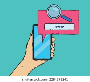 Vector graphic of a hand holding a cell phone with a magnifying glass icon and search bar displayed. Hand drawn illustration.