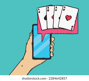 Vector graphic of a hand holding a cell phone with a set of cards icon. Hand drawn illustration.