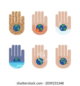 Vector graphic hand stop global warming and natural disaster.