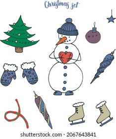Vector graphic hand-drawn christmas set with snowman, christmas tree, star,christmas decorations, mittens, skates. Idea for coloring pages, printing logos on stationery, notebook.