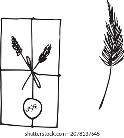 Vector graphic hand-drawn illustration with pictured gift box and decorative twig. idea for the design of logos, printing on notebooks, notepads.