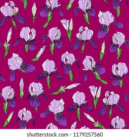 Vector graphic hand-drawn ink seamless pattern of purple iris flowers in a linear style. Vintage texture. Drawn on paper and traced buds of violet irises. For textile, fabric, invitation