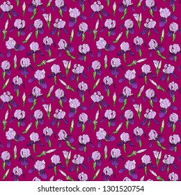 Vector graphic hand-drawn ink seamless pattern of purple iris flowers in a linear style. Vintage texture. Drawn on paper and traced buds of violet irises. For textile, fabric, invitation