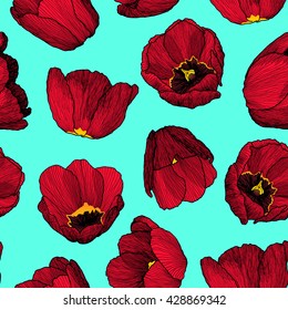 Vector graphic hand-drawn ink seamless pattern of red tulip flowers in a linear style. Vintage texture. Drawn on paper and traced buds of tulips from different angles. For textile, fabric, invitation.