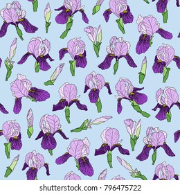 Vector graphic hand-drawn ink seamless pattern of purple iris flowers in a linear style. Vintage texture. Drawn on paper and traced buds of violet irises. For textile, fabric, invitation
