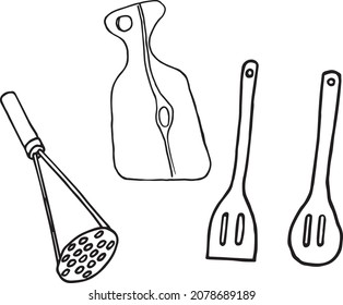 Conjunto gráfico vectorial de artículos de cocina hechos a mano. Adecuado para el diseño de patrones, para la impresión en textiles y vajilla.