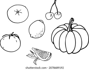 Vector graphic hand-drawn set with vagetables and fruit. Suitable for patterning, for printing on textiles and tableware.