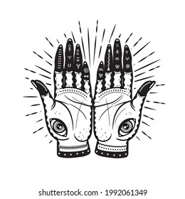 Vector graphic  hands illustration with mystic and occult symbols. Fortunate hands.