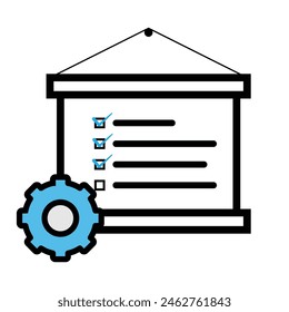 vector graphic of hanging display board with simple check trim and gear image. style design flat outline. Suitable for presentations, reports, office needs, etc. vector gaphic design