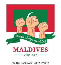 Vector graphic of Happy Maldives Independence day for greeting card with clenched fist and ribbon