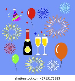 Vector graphic of a Happy New Year set featuring a drink bottle and glass combined with fireworks. This vector is perfect for New Year's Day celebration templates, Christmas, banners, branding decorations, etc.