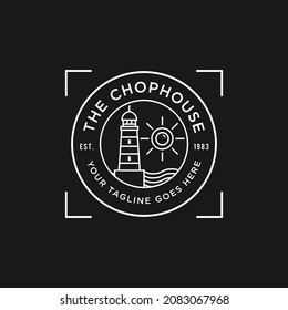 Vector graphic of harbor restaurant logo monoline with waves, bay, symbol, sun, emblem, line art, circular, t-shirt design, lighthouse, premium quality